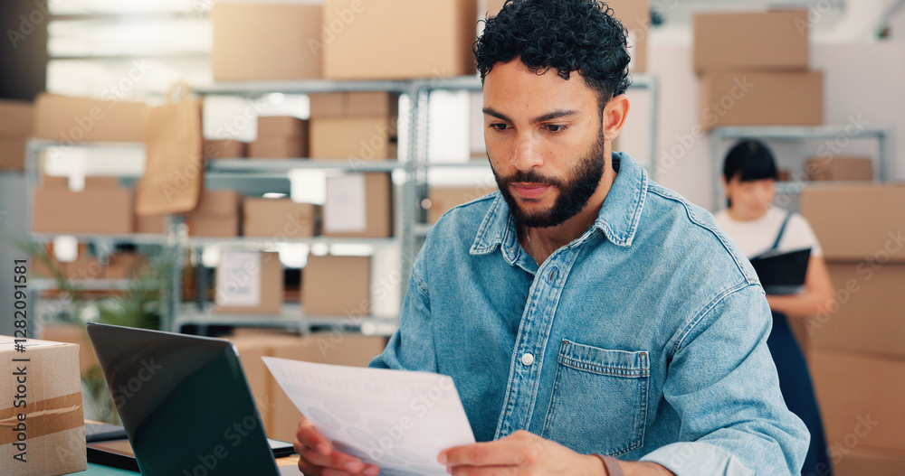 Poster laptop, documents and shipping with man in warehouse for logistics route, tracking code and cargo. i