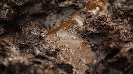 Close-up view of muddy ground with water puddles reflecting light in natural setting
