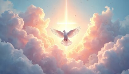 Watercolor painting of white dove soaring in pink clouds with radiant cross for Whit Monday celebration. Symbol of peace, hope, love, purity, faith, spirit. Religious illustration for church holiday.