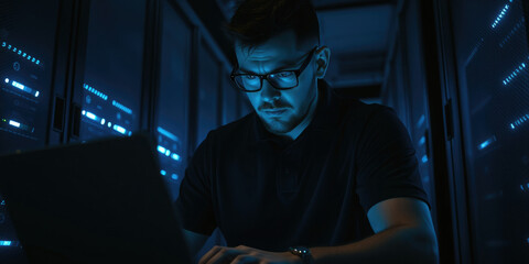 IT professional working on a laptop analyzing network security in a server room.