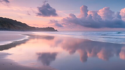 Fototapeta premium A tranquil beach at dawn, with soft pastel skies reflected in the wet sand and gentle waves lapping the shore