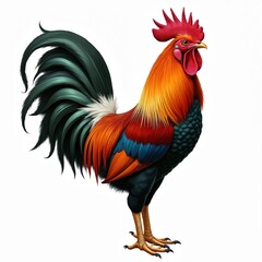 Fototapeta premium Rooster illustration stands tall against plain white background. Farm animal with vibrant plumage, detailed comb. Poultry illustration perfect for educational resources, farm-themed projects,