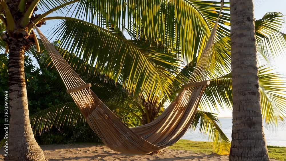 Aufkleber Sunlight filters through palm trees onto an empty hammock gently swinging on a tropical beach, creating a relaxing slow motion scene of idyllic vacation