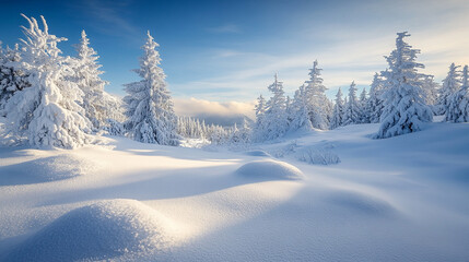 Snow-covered forest in winter with bright sky and distant mountains reflecting sunlight