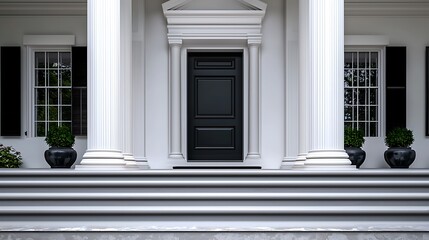 Elegant black door entrance with white columns and lush greenery in a serene residential setting