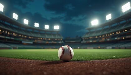 Low-angle view of baseball on field against stadium at night. Sport equipment on lawn, illuminated sports arena. Night baseball match. Generative AI, colours, copy space.
