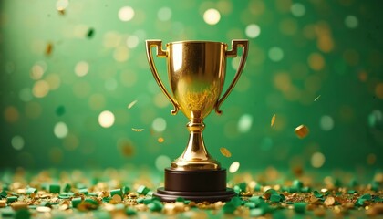Golden trophy stands against green backdrop with falling confetti. Symbol of victory, achievement, success in sports, business competitions. Glittering cup celebrates champion, win, festive event,