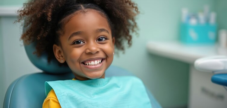Happy African American school girl shows her perfect white teeth at dentist visit. Kid patient in dental chair smiles. Pediatric dentistry, children treatment, medical checkup concept.