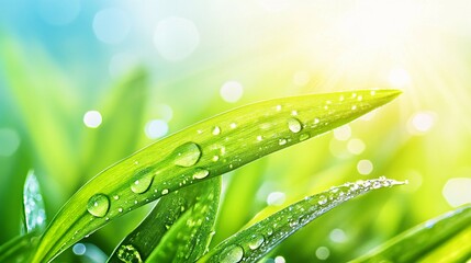 Naklejka premium A Bright Green Leaf with Raindrops in Sunlight on Grass