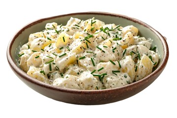 A bowl creamy potato salad with chives, isolated on white background
