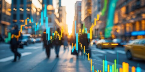 Vibrant city street at sunset with digital stock market data overlay