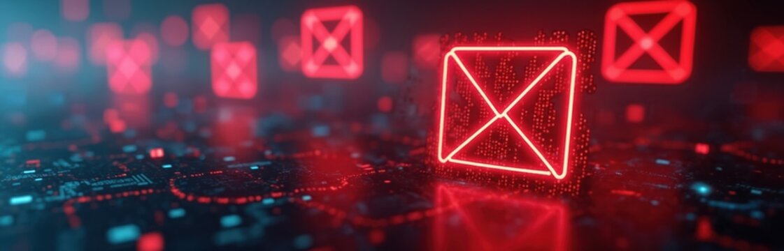 Red digital email envelope icon on dark tech background. Glowing notification symbols represent email spam, cyber security threat, malware attack. Protection from phishing, virus. Concept of data