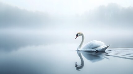 Obraz premium A swan sailing on a calm glassy lake