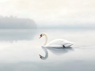 Fototapeta premium A swan sailing on a calm glassy lake