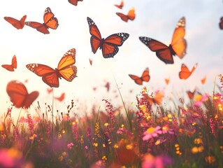 A swarm of butterflies dancing over a field of blooming