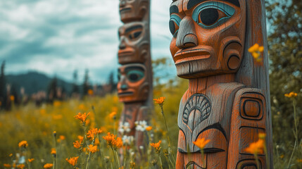 Carved wooden totem poles among wildflowers in a grassy field under cloudy skies
