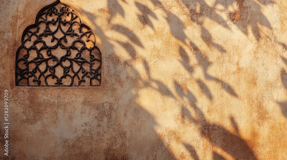 Poster delicate arabesque patterns cast lively shadows on a sun-bleached wall, illuminated by the warm glow