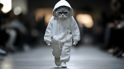 A cute British Shorthair cat walking down the runway in an oversized white hoodie and sweatpants