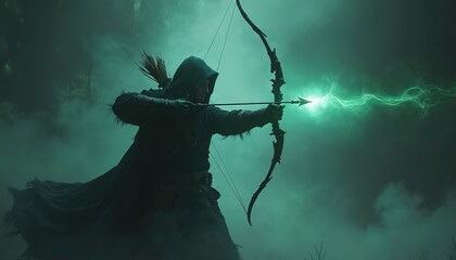 Fantasy ranger in shadows draws bow with magical arrows glowing with ethereal light. Epic mysterious shot of heroic archer character in dark fantasy, cloak, enchantment, wilderness, mythical