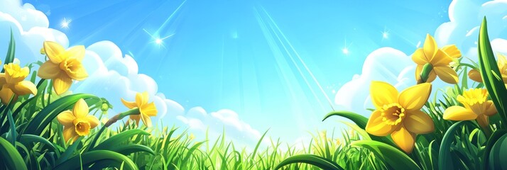 Obraz premium Sunny Spring Daffodils Blooming In Green Grass