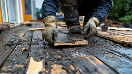 Person repairing wooden deck: close-up of restoring damaged planks with tools and gloves