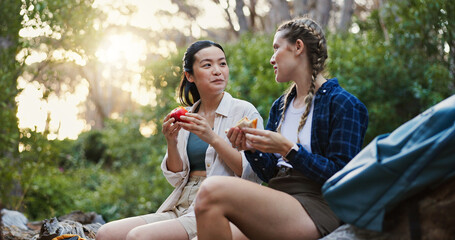 Picnic, food and hiking with friends in nature for lunch break, trekking adventure and park travel....