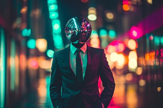 A surreal scene featuring a businessman with a disco ball for a head, dressed in formal attire and attending an elegant gala event, blending whimsy with sophistication.

