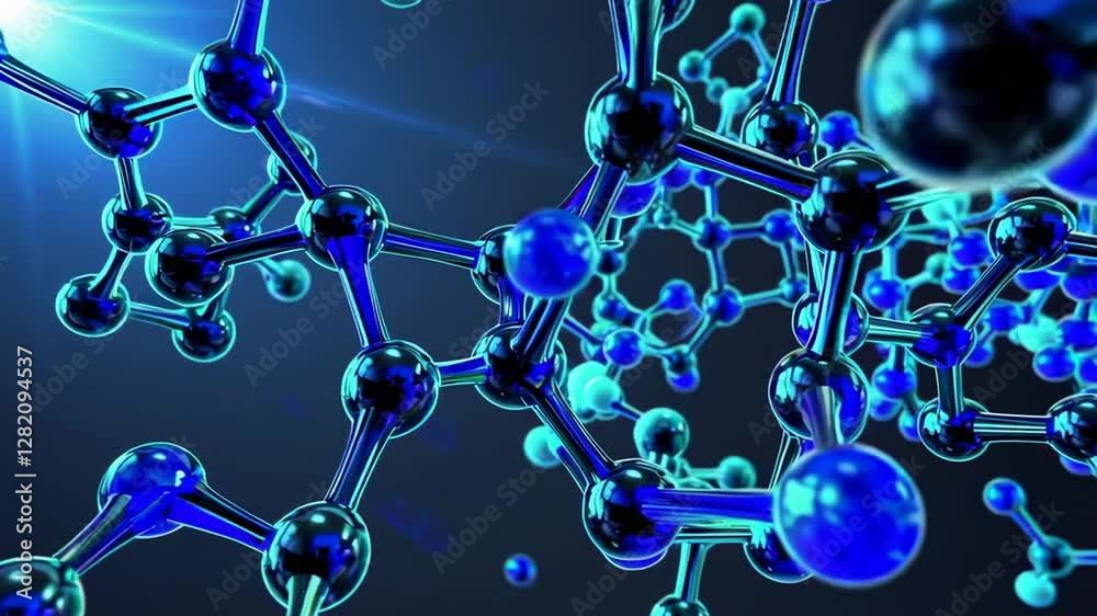 Poster Complex molecular structure rotating slowly against a dark blue background, creating a captivating visual representation of scientific concepts