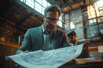 A businessman examines architectural blueprints in a warehouse setting, collaborating with a colleague.