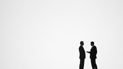 Silhouettes of two executives engaged in conversation against a plain white background during a business meeting. Generative AI