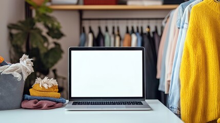 white laptop with blank white screen. Background blurred white desk Unbranded clothing