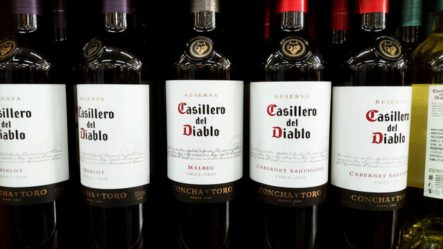 Closeup of wine bottles of the brand Casilla del diablo, on the supermercado shelf. February, 21, 2025, Itabira,
Minas Gerais, Brazil.