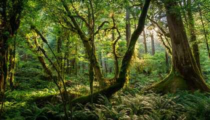 Fototapeta premium a serene green forest with lush vegetation and towering ancient trees bathed in dappled sunlight
