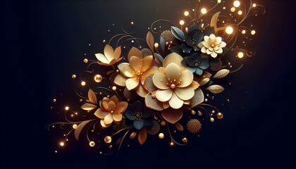 3D abstract flowers on a dark background, gold accents floating on black...