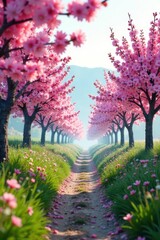 White haze envelops blooming almond trees as they disappear into the distance, bloom, springtime