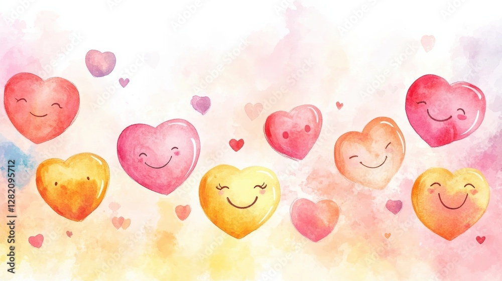 Poster colorful watercolor hearts with smiling faces create a joyful and vibrant atmosphere. generative ai