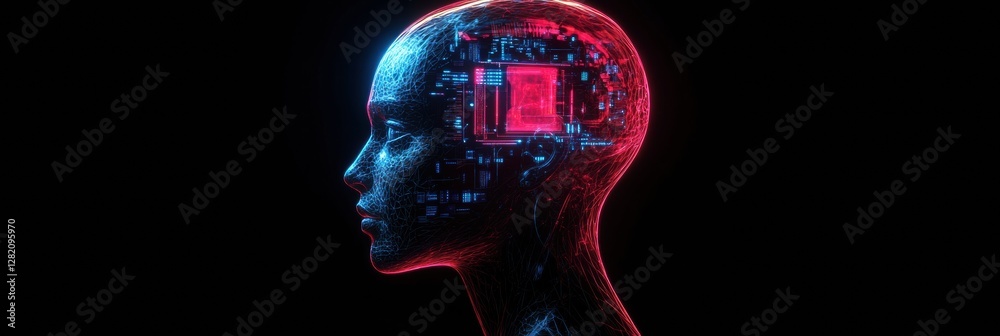 Fototapete Futuristic side profile of a human head showcasing intricate mechanical structures and a glowing robotic eye. Generative AI