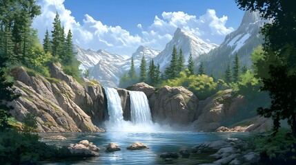 Fototapeta premium A tranquil waterfall in a rocky mountain landscape