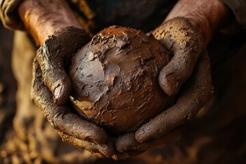 Muddy hands carefully hold a sphere of dark brown clay, showcasing the texture and craftsmanship.