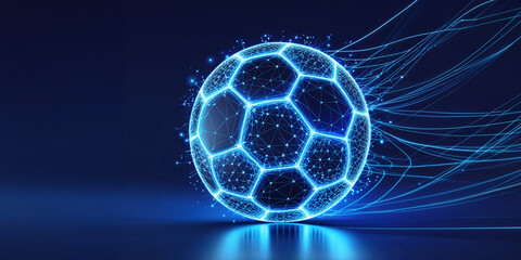 Soccer ball in goal from lines and triangles, point connecting network on blue background. Illustration vector 