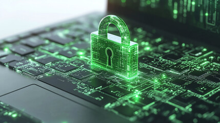 Laptop with green digital padlock as a concept for cyber security and data protection isolated on a white background .