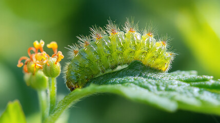 Macro of a green swallowtail caterpillar sitting on a plant in a field on a sunny summer day.