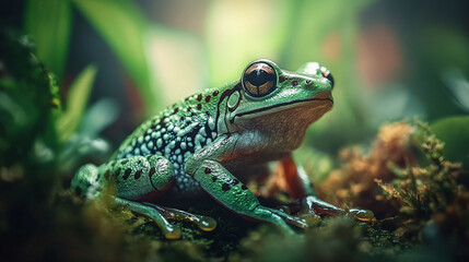 Macro of a green spotted poison dart frog sitting in the tropical rainforest.