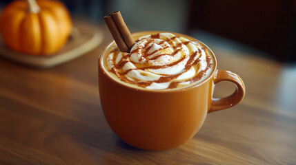 Warm pumpkin spice latte served in a cozy cafe with a fall ambiance