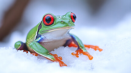 Fototapeta premium Macro of a redeyed tree frog sitting in the snow.