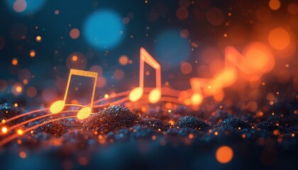 Abstract musical background with glowing notes and lines. Dark backdrop with orange, blue lights bokeh. Party invitation template, DJ concert banner, music event poster or cover design.