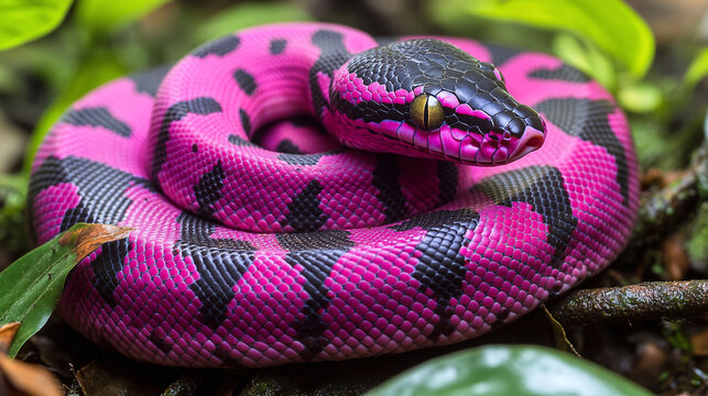 Macro shot of a magenta python snake in the jungle.