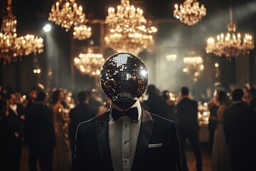 A surreal scene featuring a businessman with a disco ball for a head, dressed in formal attire and attending an elegant gala event, blending whimsy with sophistication.

