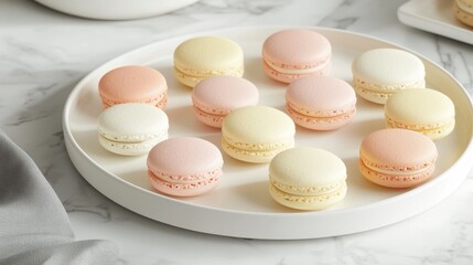 Obraz premium Colorful macarons in soft pastel shades of pink, yellow, and white sit elegantly on a white round platter, perfect for a dessert table at a gathering or celebration