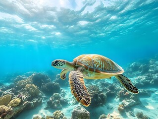 Obraz premium A turtle swimming calmly in the clear waters of a coral reef